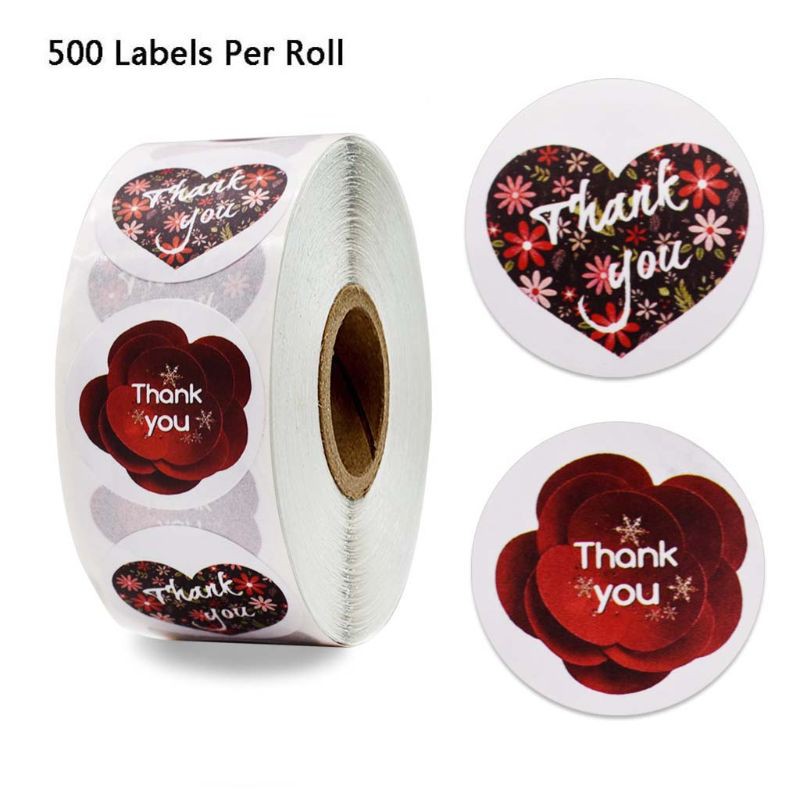 Set 500 nhãn dán bao thư 2 kiểu bông hoa/trái tim in chữ Thankyou làm thủ công