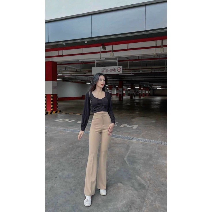 Quần Ống Loe Cạp Cao  Hách Dáng Tôn Vòng 3 Chất Vải Tuyết Mưa Siêu Đẹp Massec House GG2207