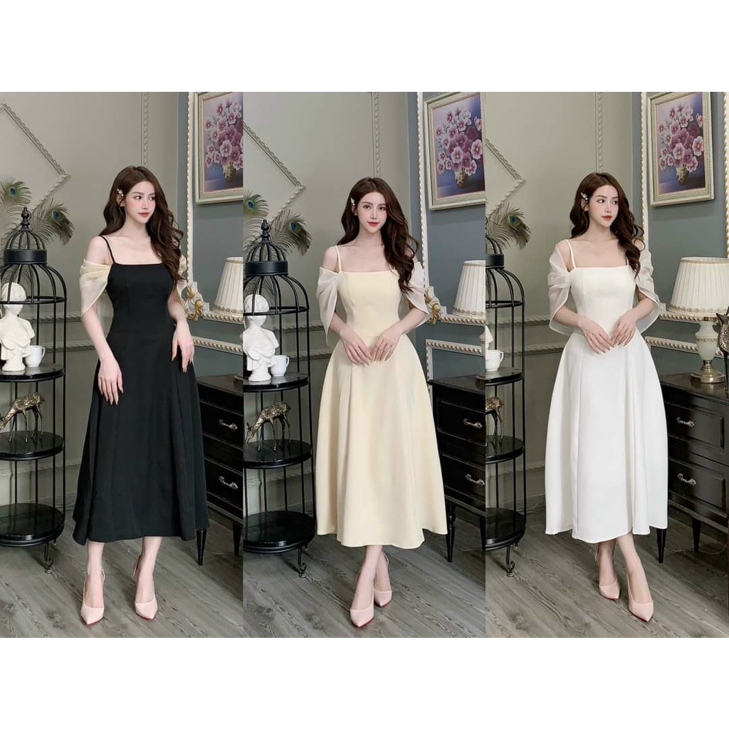 Đầm váy nữ trễ vai phối voan sang chảnh với 3 màu cực kì đẹp, dễ phối phụ kiện và tôn da cho các nàng thơ đi dự tiệc