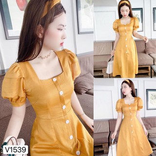 Đầm dự tiệc 💗 Đẹp DVC ❤️ Đầm lụa vàng cổ vuông V1539