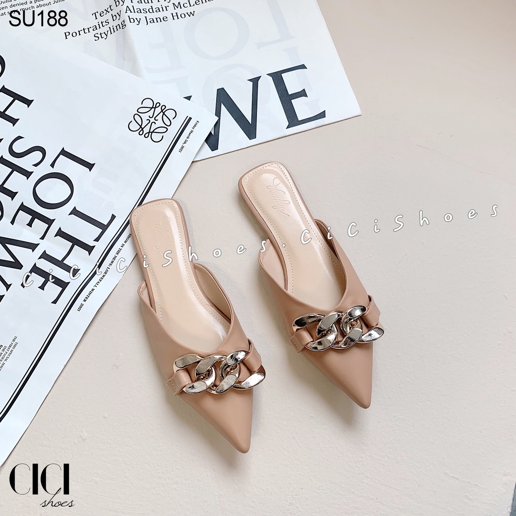 Giày sục nữ CiCi Shoes mũi nhọn, sục da 3 mắt xích xoắn - SU188