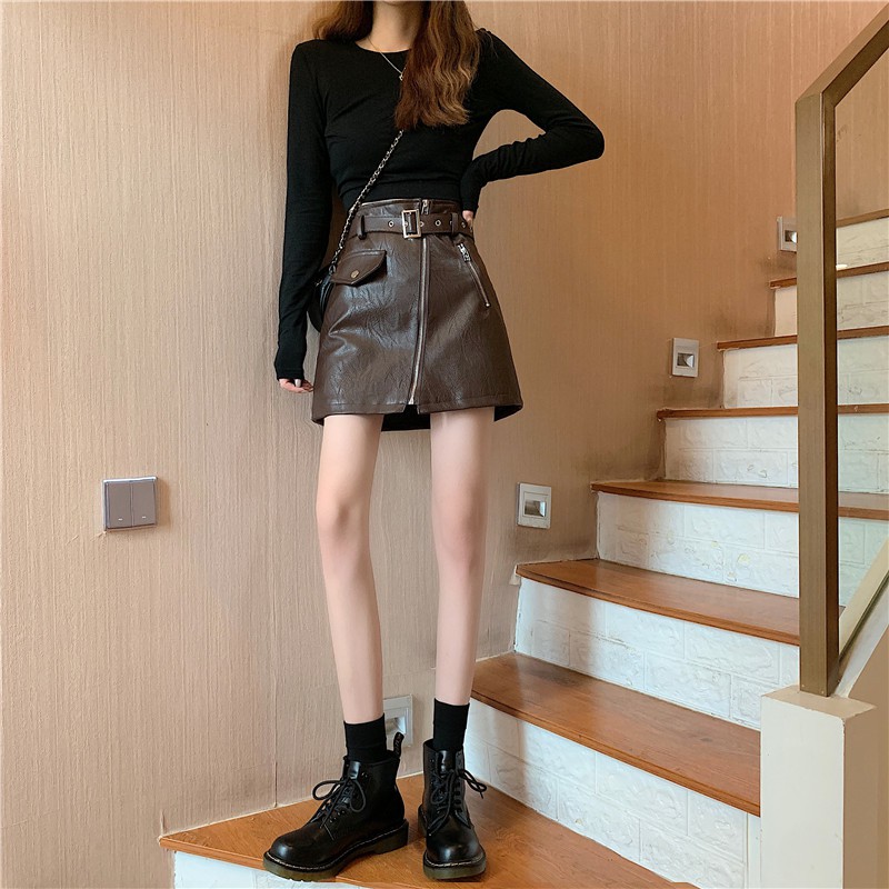 Chân Váy Da Lưng Cao Phối Thắt Lưng Phong Cách Hàn Quốc | BigBuy360 - bigbuy360.vn