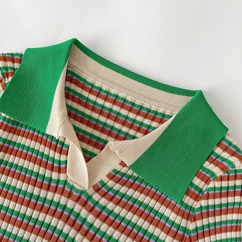 Áo Croptop Len Mongtoghi Kẻ Cổ Bẻ Cộc Tay Co Giãn Thời Trang Sugal TOP NU 049