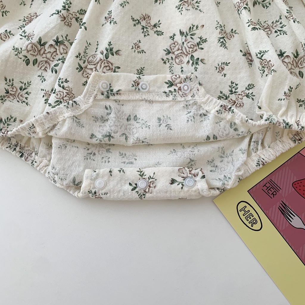 Bộ Áo Liền Quần Tay Dài In Hoa + Mũ Ren Kiểu Công Chúa Thời Trang Xuân Thu Cho Bé Gái