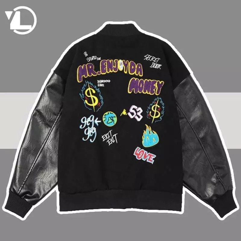 Áo Khoác Bomber Kaki Nam Nữ Phối Tay Da T-A-N From Rộng Hàn Quốc Hình Thêu Nét AKD10. Màu Đen