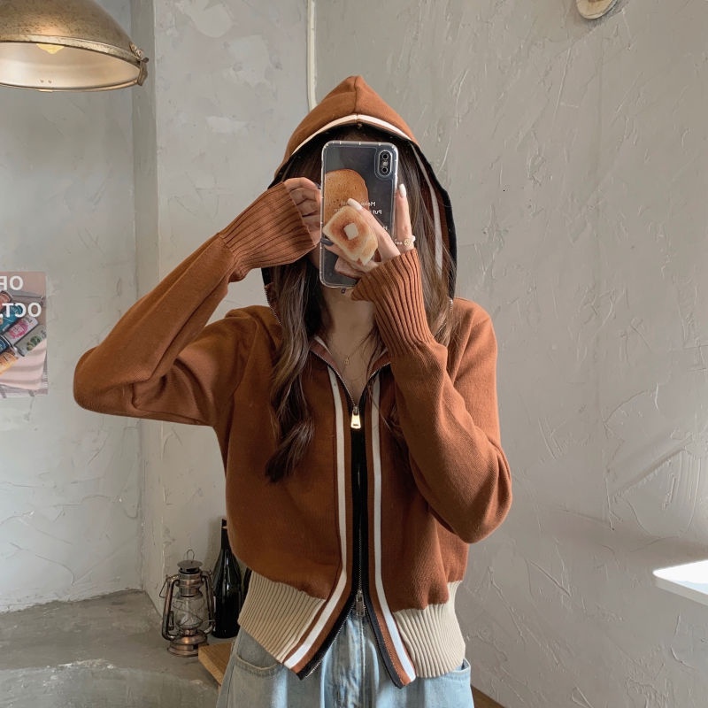 Áo Cardigan Dệt Kim Dài Tay Thời Trang 175588Áo Khoác Có Nón Và Khóa Kéo Màu Sắc Tương Phản Phong Cách Hàn Quốc