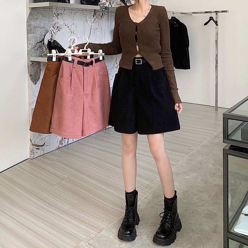 Quần short SUXI nhung kẻ lưng cao dáng rộng thời trang mùa thu cho nữ