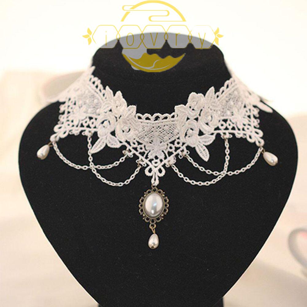 Vòng Cổ Choker Ren Màu Trắng Ngà Đính Ngọc Trai Nhân Tạo Phong Cách Punk Thanh Lịch