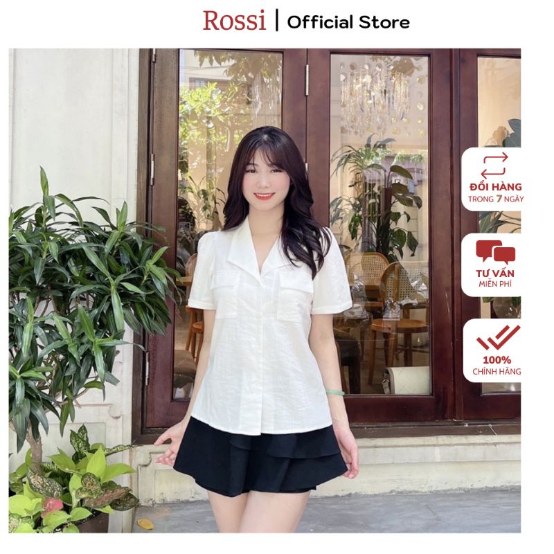 Áo sơ mi nữ Rossi ngắn tay kết hợp túi viền chất liệu đũi hàn không nhăn nhàu dáng tay cộc hai màu trắng hồng