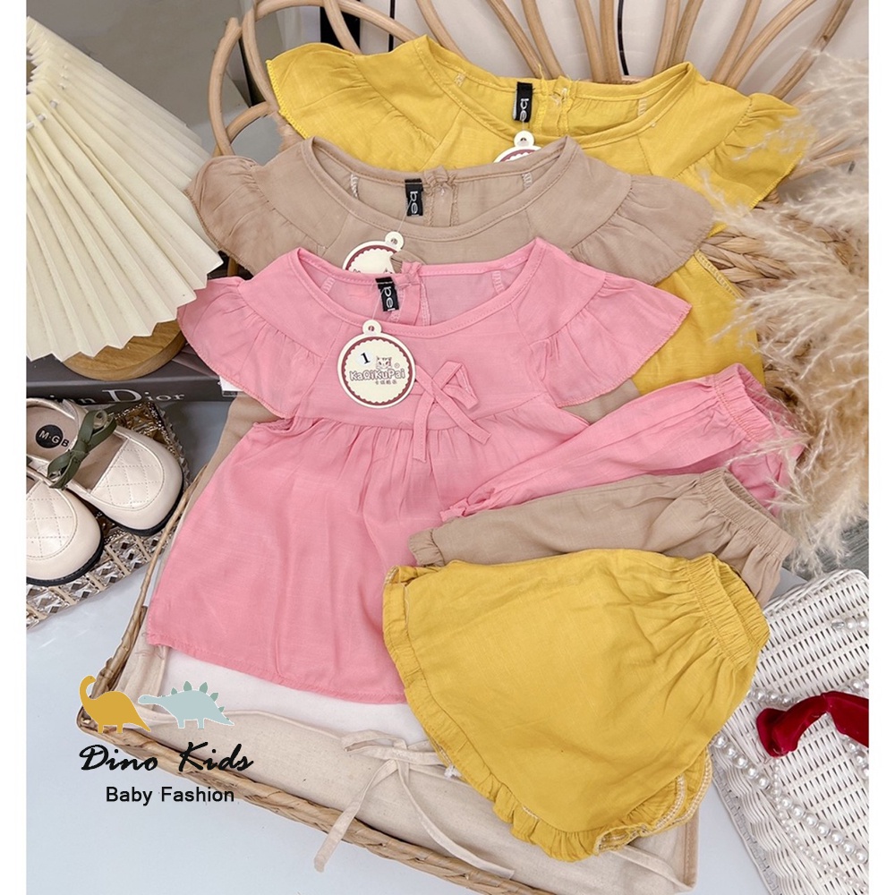 Bộ cộc tay cánh tiên bé gái, bộ bé gái chất đũi hàn 3 màu ống tay và quần bèo siêu mát cho bé