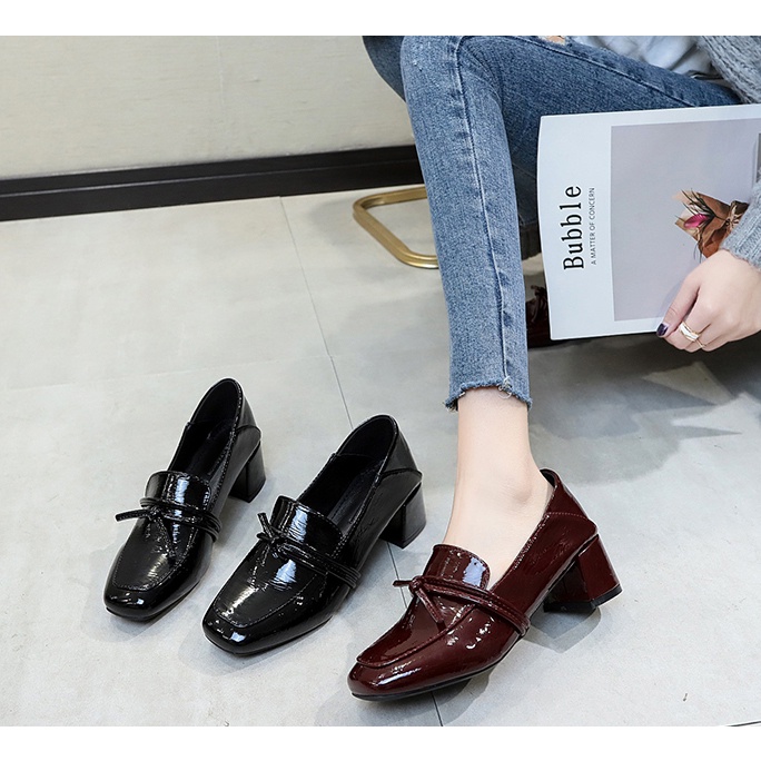 Giày Loafer cao gót, giày lười nữ công sở mũi vuông trơn búp bê