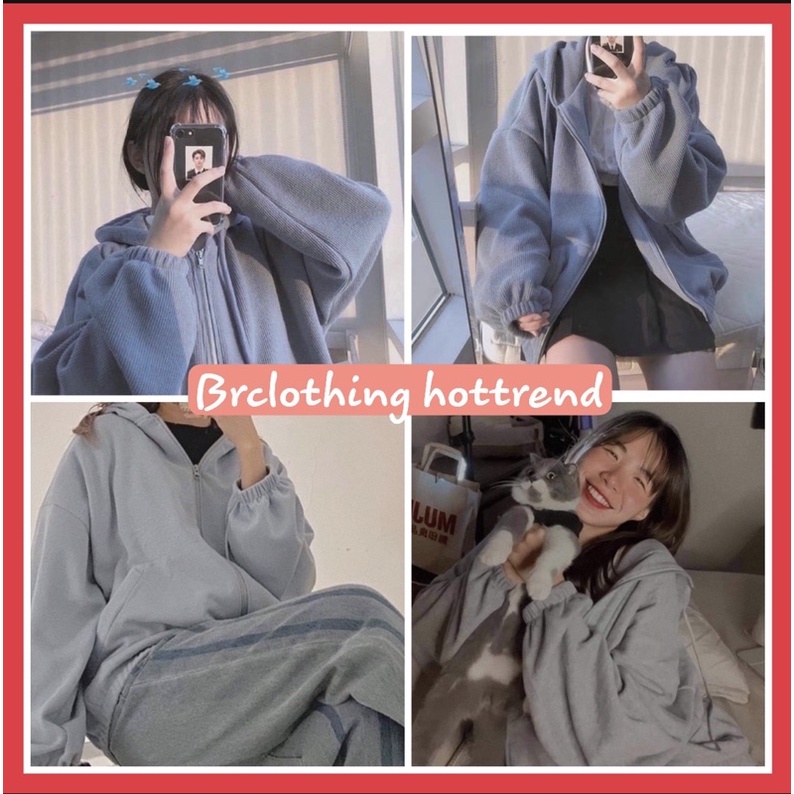 Áo Khoác Hoodie Nỉ Unisex [FREESHIP] 🌸 Phông thun dài tay bồng khóa kéo có mũ ulzzang màu Xanh | Xám nam nữ HOT 🌸