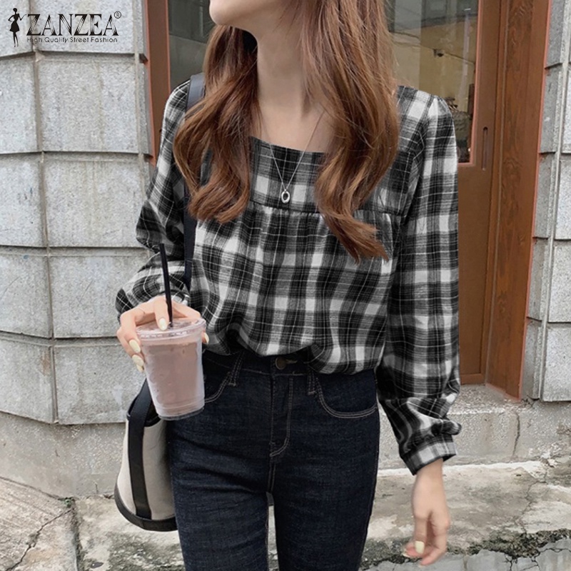 Áo kiểu nữ Zanzea cổ vuông tay dài họa tiết kẻ ô thanh lịch thời trang