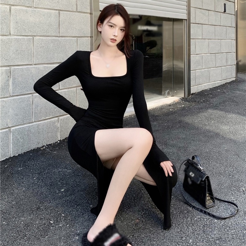 Đầm Cổ Vuông Ôm Dáng Xẻ Tà Quyến Rũ Thời Trang Phong Cách Hàn Quốc Cho Nữ