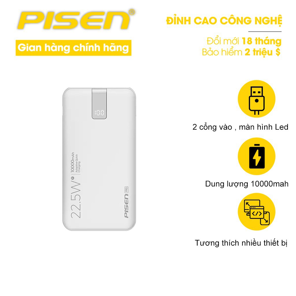 Sạc dự phòng PISEN Pro All 10000mAh , 22.5W (2xQC, 1xPD, Lightning, LED ) - Chính Hãng