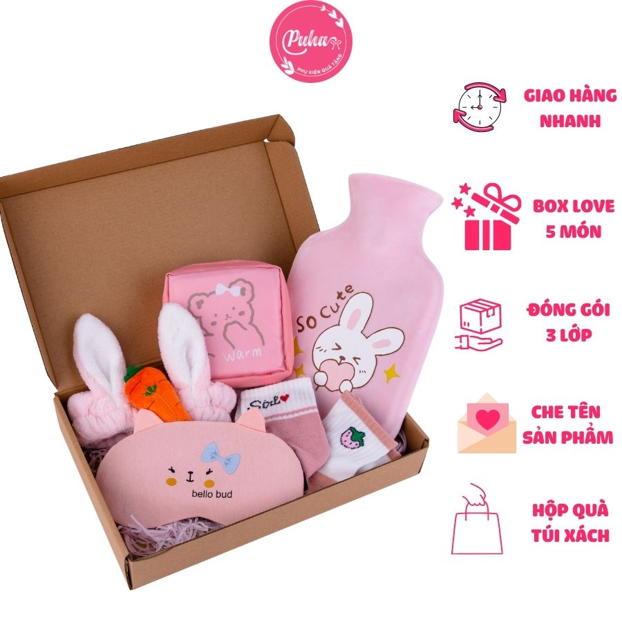 BOX LOVE Túi chườm bụng kinh PUHA - Set quà tặng bạn gái, sinh nhật, dịp đặc biệt cho chị em phụ nữ người thân bạn bè