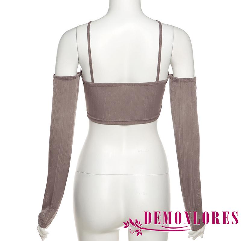 Áo Croptop Tay Dài Màu Sắc Cà Phê Thiết Kế Cột Dây Độc Đáo Thời Trang Quyến Rũ Cho Nữ