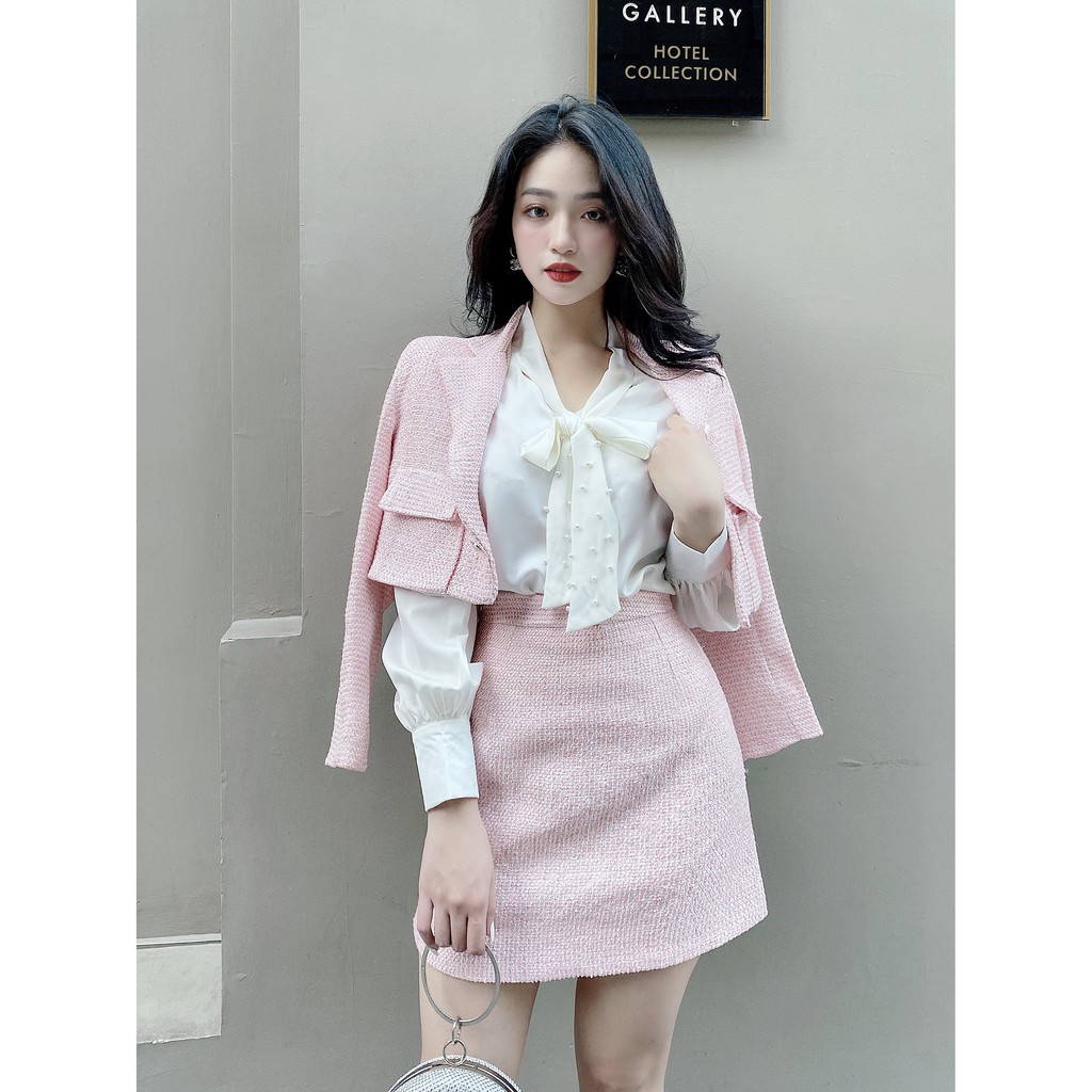 Set dạ croptop gồm áo khoác và chân váy ngắn tiểu thư hồng xanh pastel SET957 KYMIE