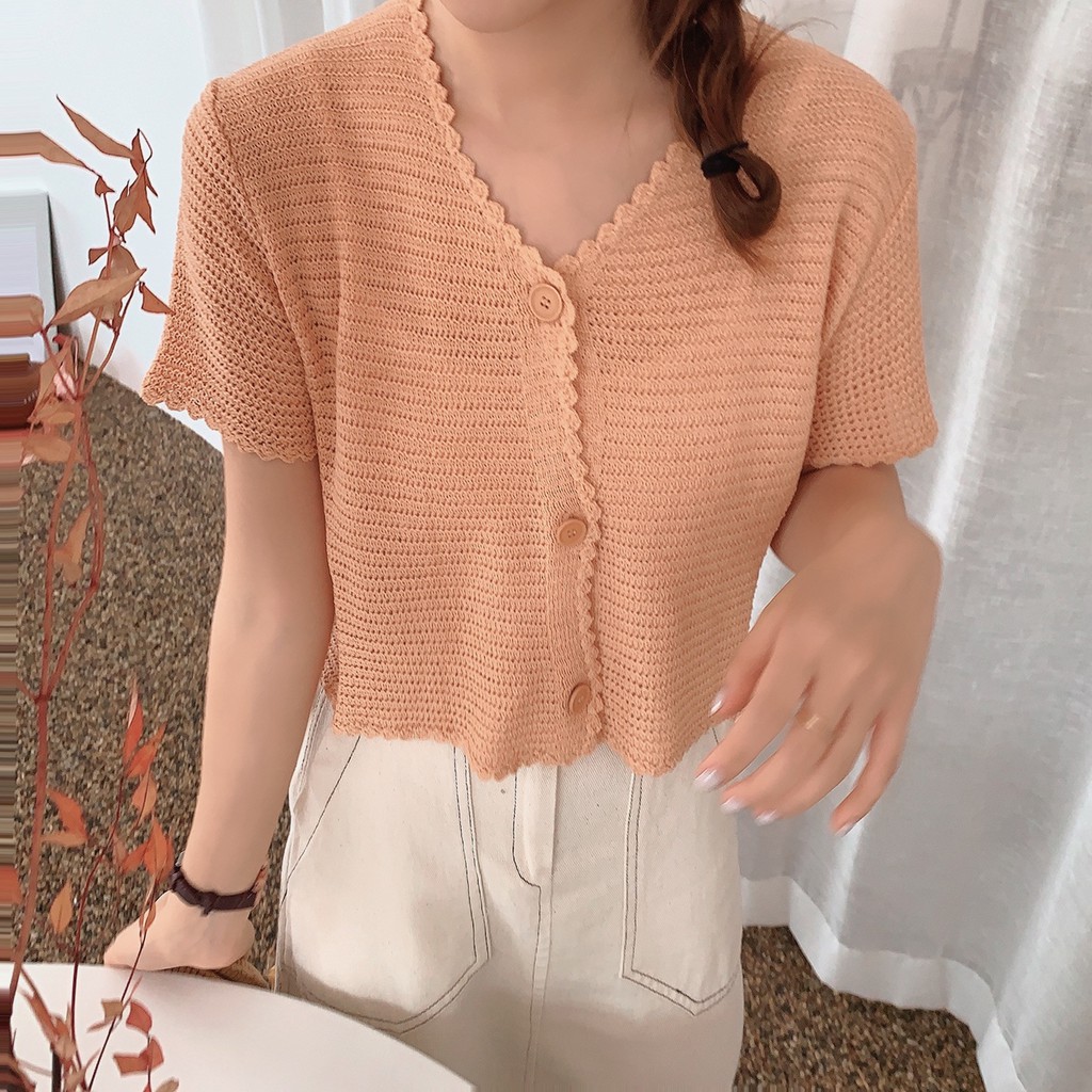 [CÓ SẴN] Áo khoác kiểu len mỏng tay ngắn cài nút màu trắng phom lửng CARDIGAN