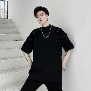 Áo thun unisex phối nút trắng đen