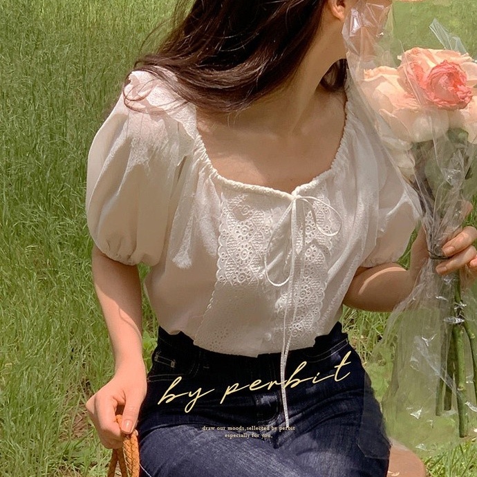 Áo kiểu SUXI tay ngắn cổ tròn dáng rộng phong cách Hàn Quốc thời trang mùa hè ngọt ngào xinh xắn cho nữ