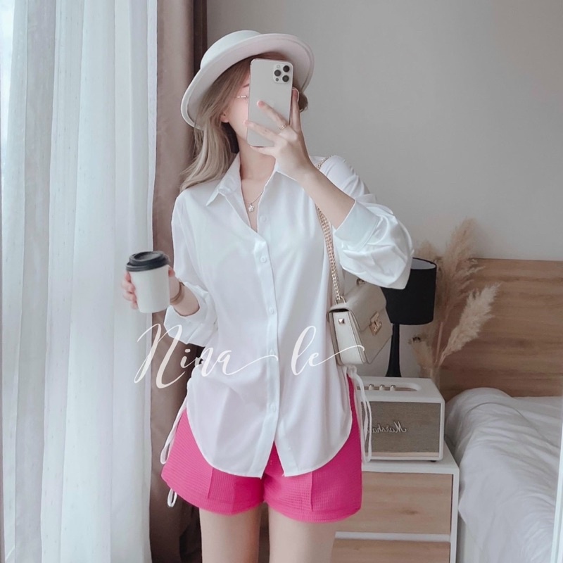 Sét bộ đồ nữ áo sơ mi dài tay rút dây hông phối quần đùi xinh xắn, sét bộ áo sơ mi kèm quần,sét áo sơ mi