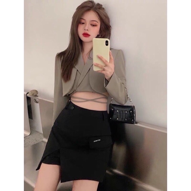 [CÓ SẴN] Set Ulzzang Áo Blazer Croptop Đan Dây + Chân Váy Xẻ Tà Thời Trang (Có Ảnh Thật)