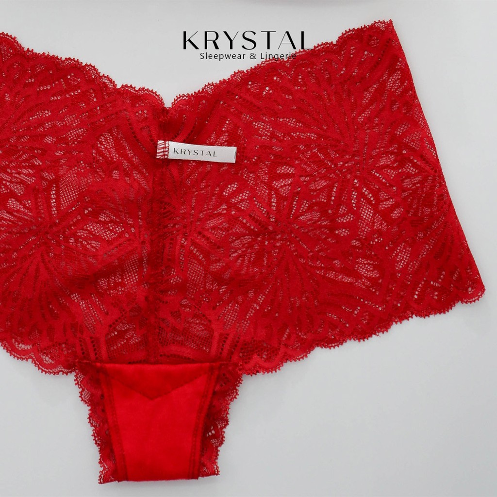 Bộ đồ lót ren không gọng mút mỏng màu Đỏ quần lưng cao ôm bụng KRYSTAL KB54