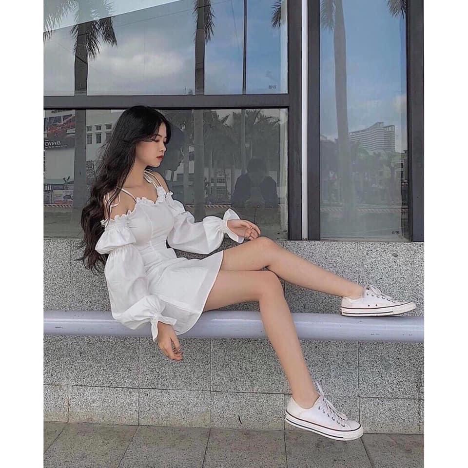 Váy trắng công chúa 2 dây hở vai nữ - Đầm dáng suông bánh bèo tiểu thư cá tính ulzzang HOT