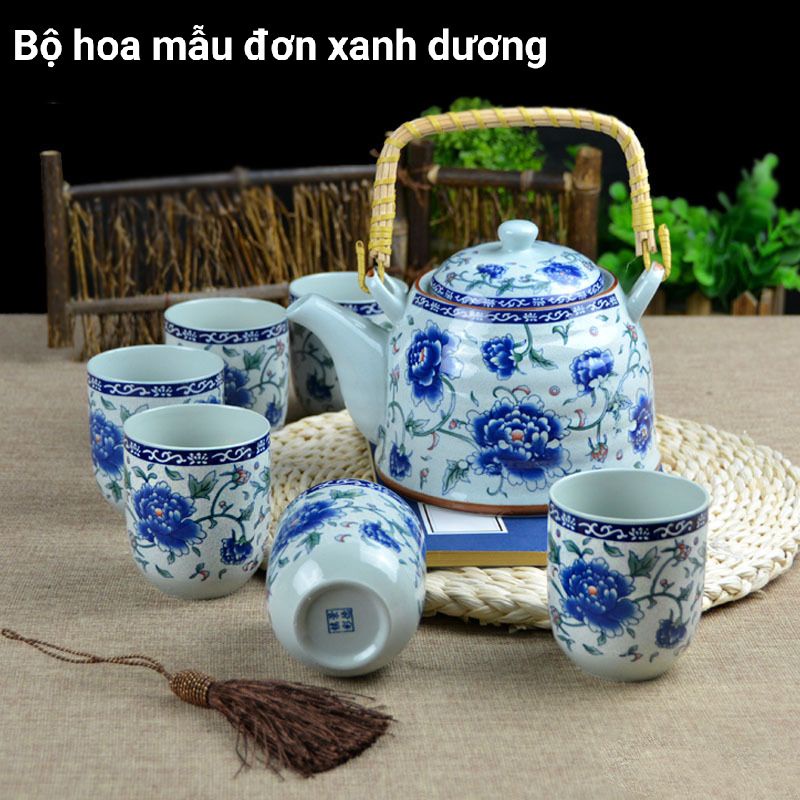 Combo bộ ấm chén uống trà 1 ấm 6 chén kèm khay gỗ hoạ tiết xinh xắn