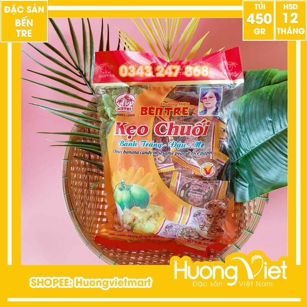 Kẹo chuối cuộn bánh tráng Bến Tre 450g, kẹo chuối cuộn bánh tráng đậu mè thương hiệu Hai tỏ Bến Tre