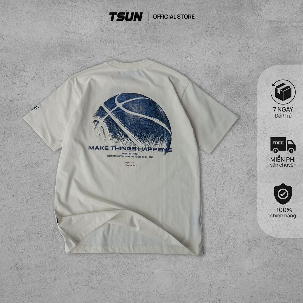 Áo thun TSUN Basketball Kem - [UNISEX] - In Nổi - Thêu Tay Áo