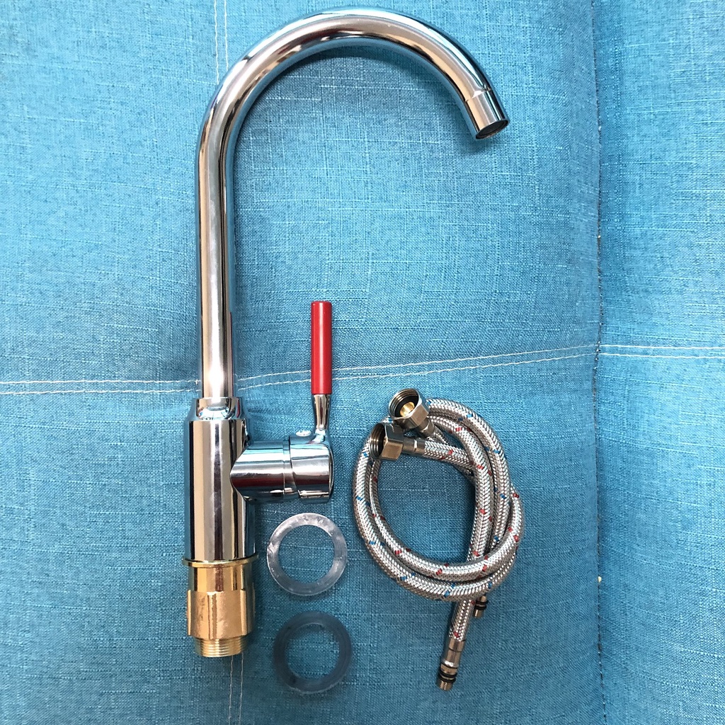 Vòi bồn rửa bát nóng lạnh cắm chậu ngồng cứng Inox bóng cổ bi xoay 360 độ cần gạt tròn đỏ sang trọng, bắt mắt