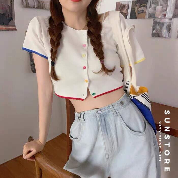 Áo croptop ôm len dệt kim tay ngắn viền màu sắc 2 màu Ulzzang