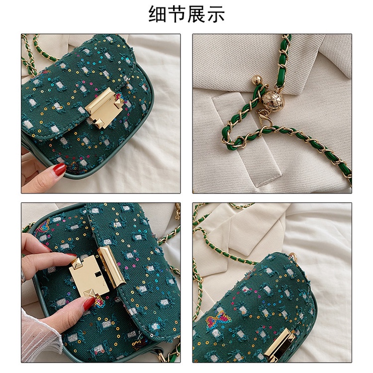 Túi Đeo JASMIN NOIR Chéo Vải Canvas Nắp Gập Phối Dây Xích Thời Trang Cho Nữ