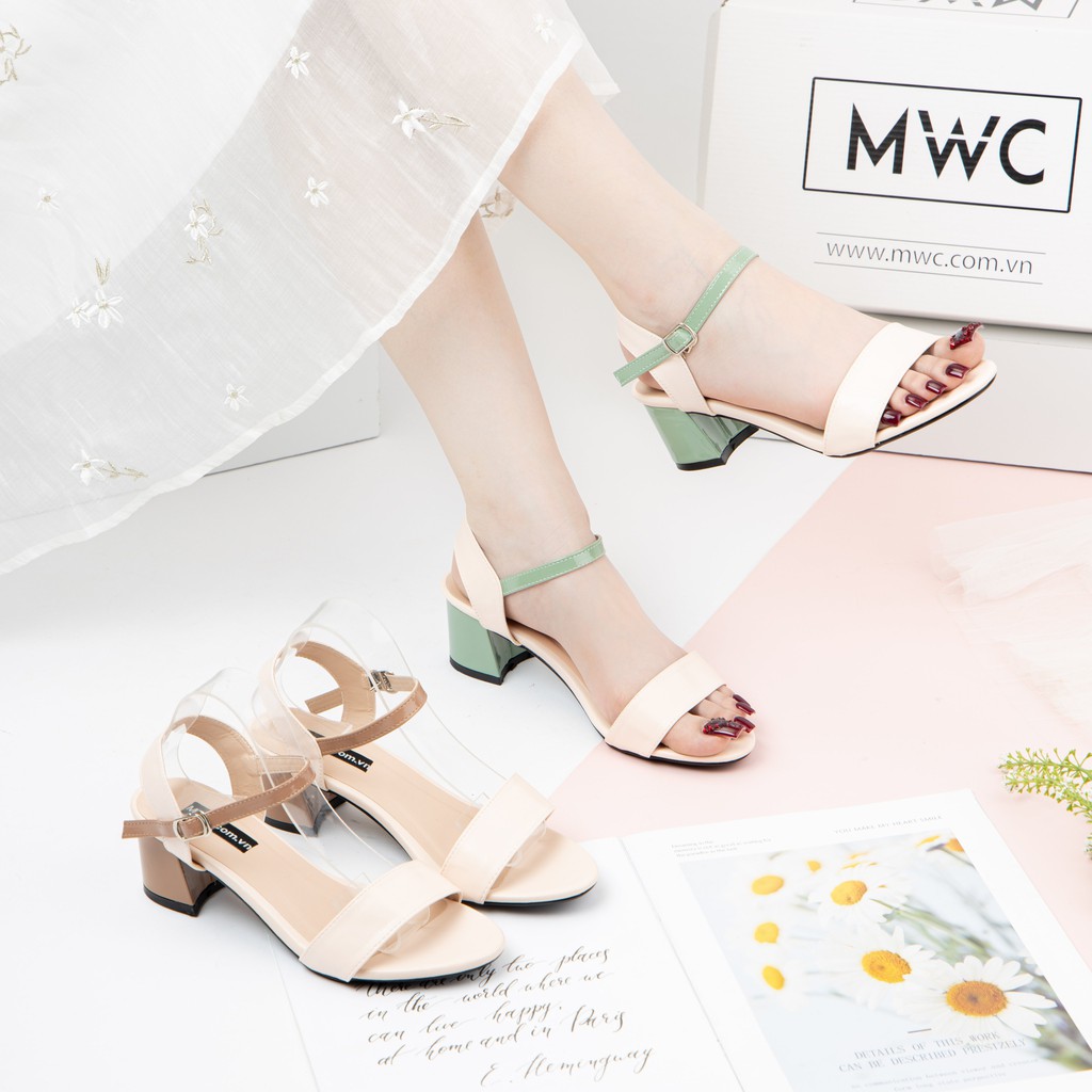 Giày Sandal Cao Gót MWC Đế Vuông 5CM Hở Mũi Quai Ngang Màu Xanh Nâu Sang Trọng NUCG-3920