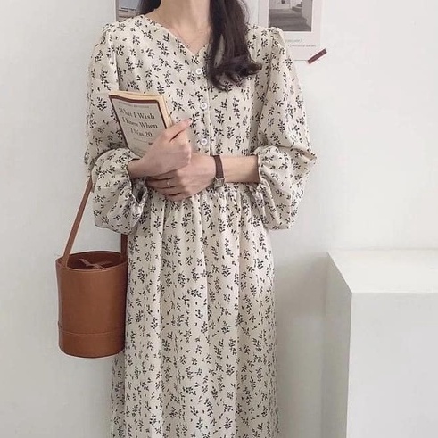 Váy Hoa Nhí Trắng Đen Dài Tay Phong Cách Hàn Quốc - Titto Closet