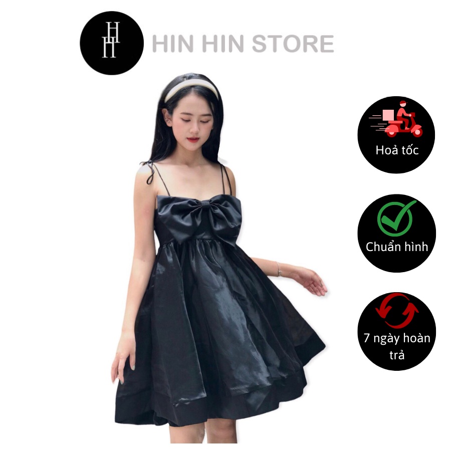 Đầm Babydoll xòe hai dây nơ màu đen HDT276 Hỉn Hỉn Store