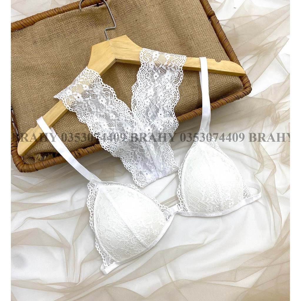 👙 Bra thiết kế 👙 Bộ đồ lót ren Bralette họa trắng đơn giản có mút mỏng, cực quyến rũ, hình thật shop tự chụp