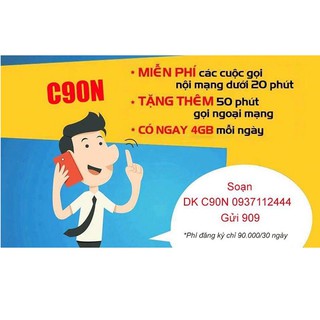 Sim 4G Mobifone Gói Cước C90N - Miễn phí tháng đầu