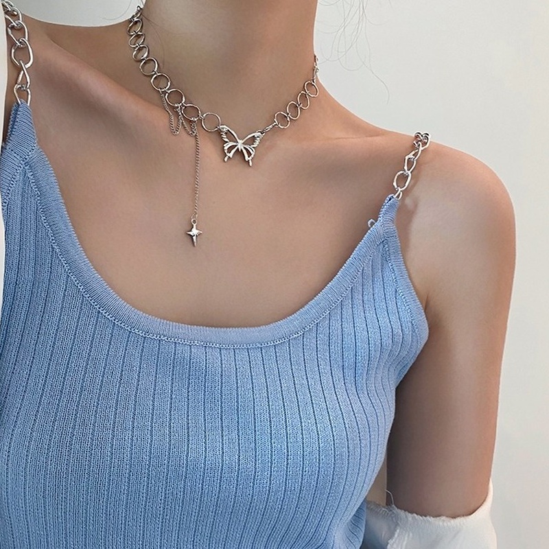 Vòng cổ choker dáng dài mặt hình tròn/chữ thập phối dây tua rua phong cách hip hop cho nữ