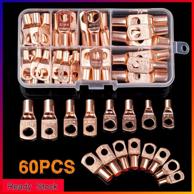 60X Assorted Car Auto Copper Ring Lug Terminal Wire Bare Cable Crimp Connectors