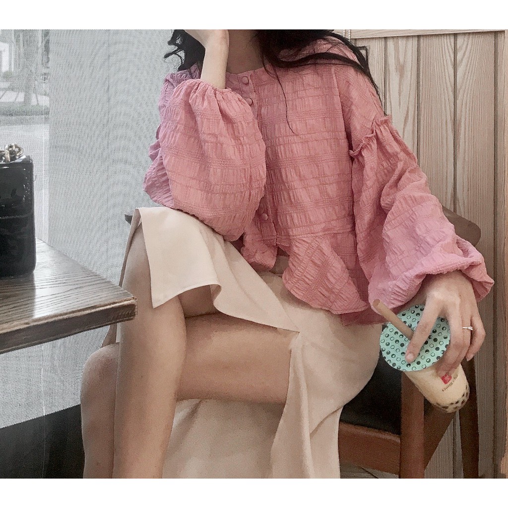 Set áo kiểu nhún bèo chân váy xẻ tà siêu xinh SE328