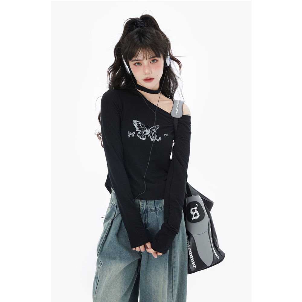 Áo Thun Tay Dài Trễ Vai In Họa Tiết Bướm Thời Trang Mùa Thu Phong Cách Hàn Quốc Cho Nữ
