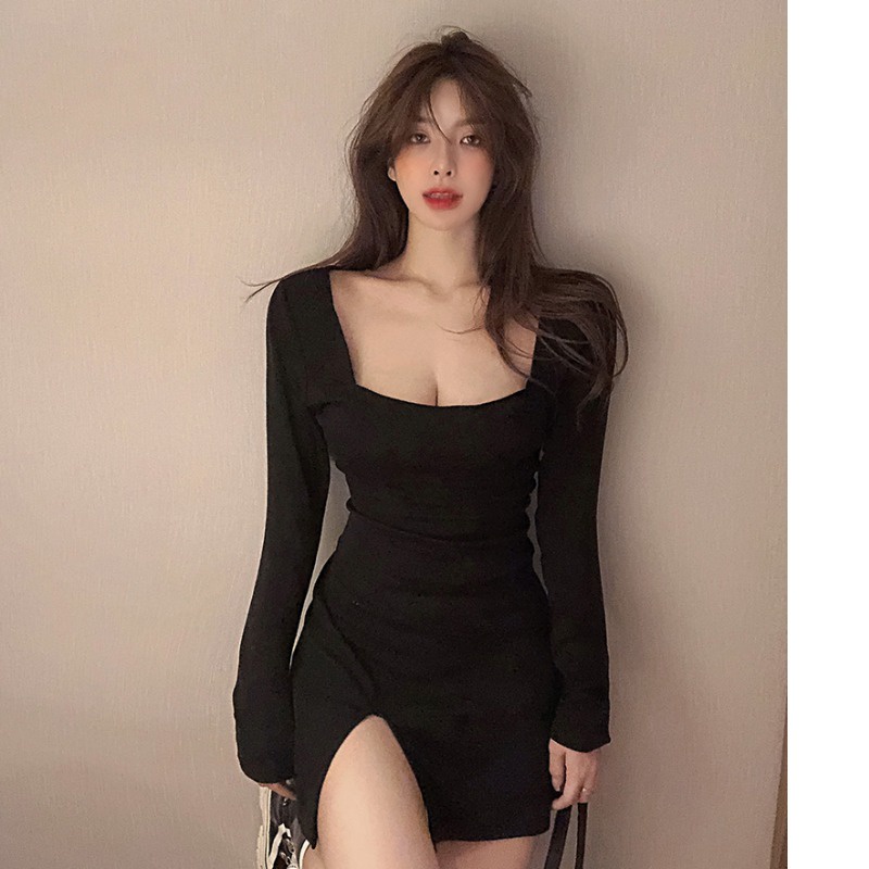 Đầm ôm body sexy xẻ tà nữ Tay dài Cổ vuông Váy đen body nữ Dáng ngắn Dài tay Hàn Quốc
