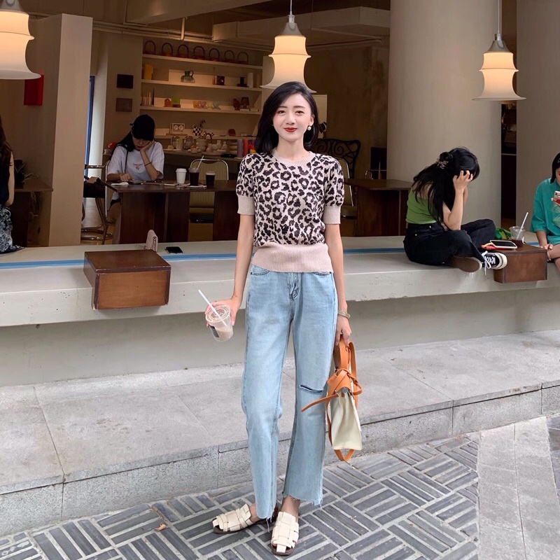 áo len dệt kim hoạ tiết da beo bo đai