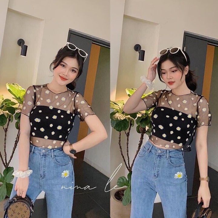 Set Áo Kiểu Croptop Hai Dây Thun Gân Và Áo Lưới Hoa Cúc Cực Xinh Hàng Chuẩn Shop