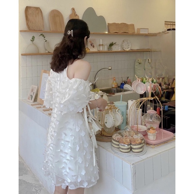 VÁY REN CỔ YẾM HỞ VAI TAY BỒNG CHUN NGẮN TAY HÀNG HAI LỚP VRCYTB