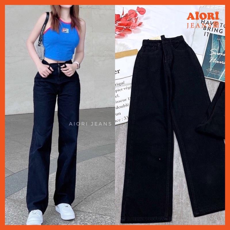 [Mã SRAPR8703 giảm 50% tối đa 20k đơn 0Đ] Quần Jean Nữ Aiori Ống Rộng Lưng Cao Trơn Màu Đen Jeans Cạp Cao_AJ3099