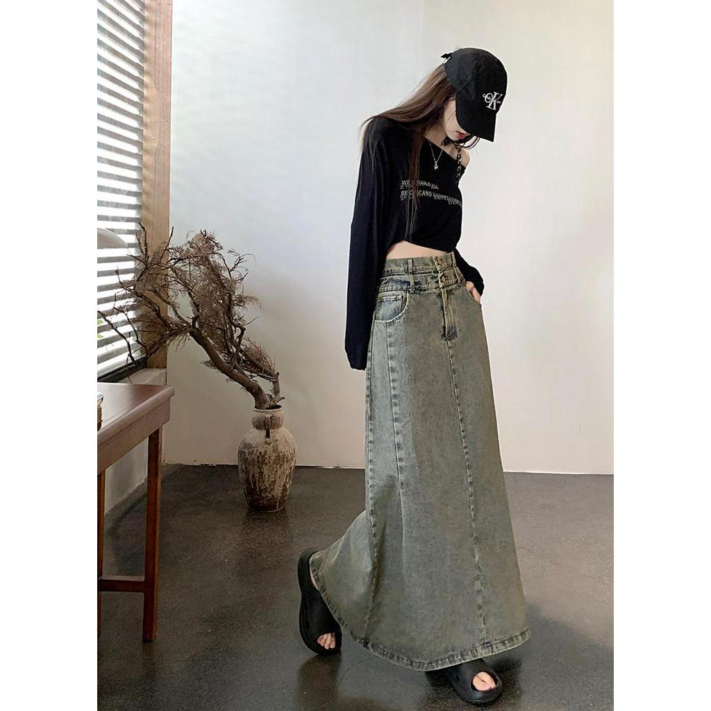 Chân Váy Denim Dài Dáng Chữ A Lưng Cao Phong Cách Retro Thời Trang Mùa Thu Hàng Mới Dành Cho Bạn Nữ 668